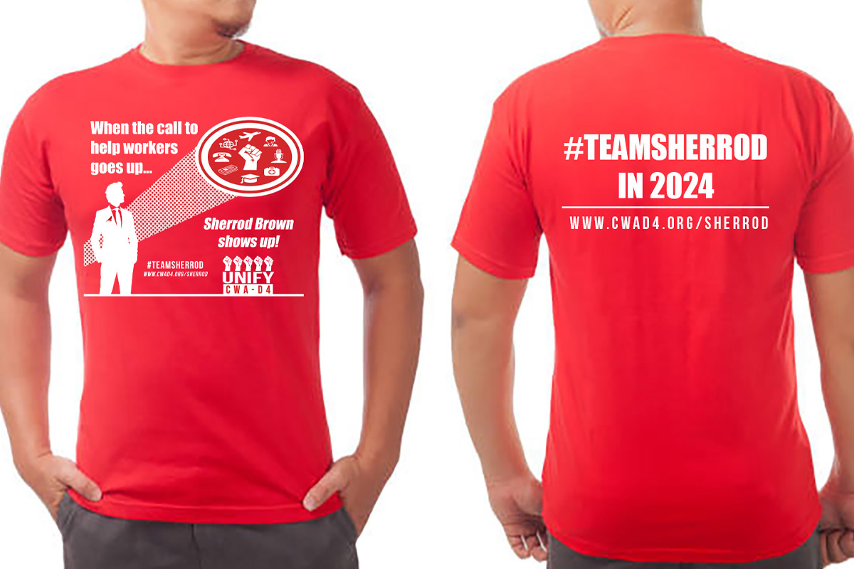 D4CWA's tweet photo. Join CWA D4's T-Shirt Design Contest for Senator Sherrod Brown. If you would like to participate in designing a T-shirt for the 2024 Sherrod Brown Senate campaign, please put together an idea and submit the image. DEADLINE: May 25, 2024. Please reach out to Renee Rouser. https://t.co/BiPE9z49Xi