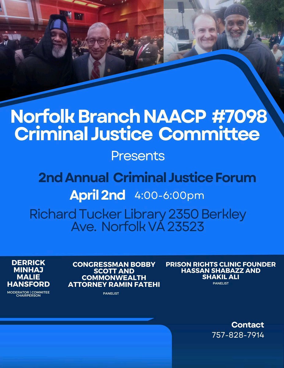 Join @BobbyScott4VA3 and me today at 4:00 for @NorfolkNAACP criminal justice forum, where we will discuss ongoing efforts to make our communities safer by making our system fairer. See you there!