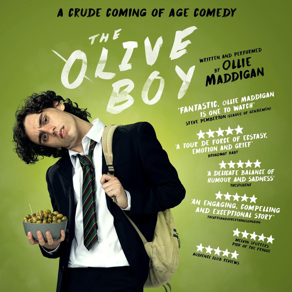 Arriving to us on tour and being produced by fellow Geordie <a href="/Mitch_Donaldson/">Mitch Donaldson</a> is another #Edfringe treat with Ollie Maddigans crude, life affirming OLIVE BOY from May 10th 🫒

app.lineupnow.com/event/olive-boy