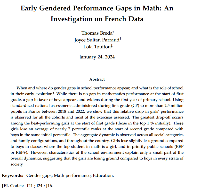 #PSEworkingpapers
Thomas Breda (@PSEinfo @CNRS), Joyce Sultan Parraud (@IPPinfo) Lola Touitou (@IPPinfo) | Early Gendered Performance Gaps in Math: An Investigation on French Data
shs.hal.science/halshs-0441459…