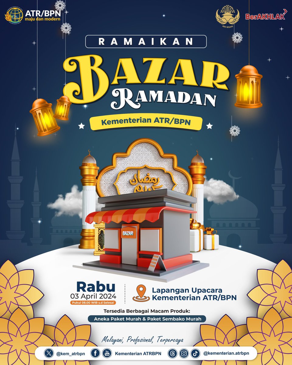 Halo #SobATRBPN, dalam rangka memeriahkan kegiatan Ramadan 1445 H/2024 Kementerian ATR/BPN menggelar Bazar Ramadan. Untuk itu, yuk hadiri dan ramaikan kegiatan ini karena akan tersedia berbagai macam produk unggulan loh! Simak informasi berikut ya Sob☝🏼 #Ramadan  #Ramadan2024