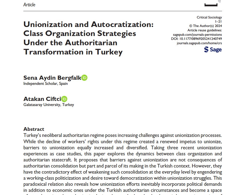 Emek Çalışma (@emekcalisma) on Twitter photo <a href="/atakancif/">atakan çiftçi</a> ve Sena Bergfalk <a href="/CritSoc/">Critical Sociology</a> dergisinde üç güncel sendikalaşma vakasına (Bel Karper, Yemeksepeti, Termokar) odaklanan çok güzel bir makale yayınladı. Üç farklı sendika, üç farklı başarı düzeyi, verimli bir karşılaştırma. Tebrik eder çalışmalarının devamını dileriz <a href="/atakancif/">atakan çiftçi</a> ve Sena Bergfalk <a href="/CritSoc/">Critical Sociology</a> dergisinde üç güncel sendikalaşma vakasına (Bel Karper, Yemeksepeti, Termokar) odaklanan çok güzel bir makale yayınladı. Üç farklı sendika, üç farklı başarı düzeyi, verimli bir karşılaştırma. Tebrik eder çalışmalarının devamını dileriz
