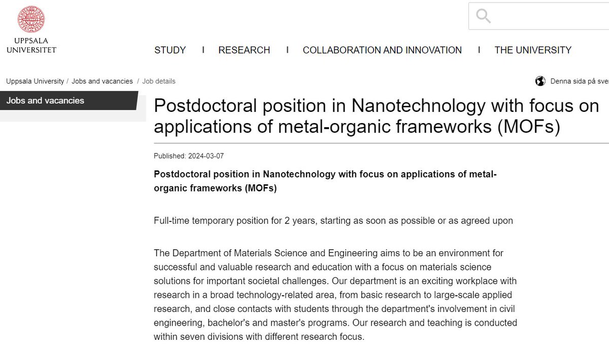 The_Cheungsters (@tcheungsters) on Twitter photo Looking for a Postdoc position related to MOFs?
jobb.uu.se/details/?posit…
two weeks left to apply! Please RT (or RX?)
#postdoc <a href="/Chemjobber/">Chemjobber</a> #research #MOF #materialsscience #phdlife #chemistry #physics #science #PFAS #CO2 Looking for a Postdoc position related to MOFs?
jobb.uu.se/details/?posit…
two weeks left to apply! Please RT (or RX?)
#postdoc <a href="/Chemjobber/">Chemjobber</a> #research #MOF #materialsscience #phdlife #chemistry #physics #science #PFAS #CO2