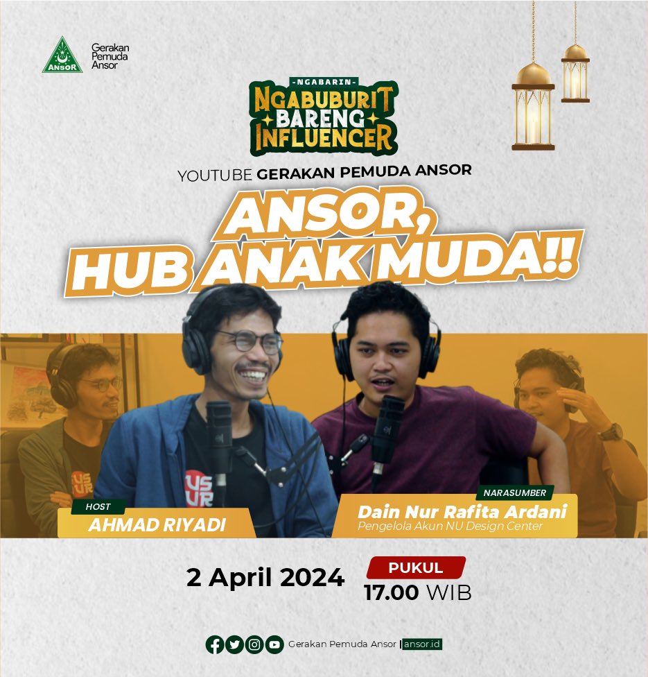 Saksikan Ansor Podcast NGABARIN Edisi Ramadhan bersama Dain Nur Rafita Ardani (Pengelola Akun NU Design Center) 2 April 2024 Pukul 17.00 WIB di Kanal Youtube Gerakan Pemuda Ansor #AnsorPodcast #NGABARIN