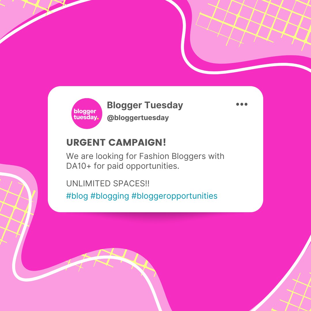 BloggerTuesday's tweet photo. 💣ATTENTION BLOGGERS!💣
We have unlimited positions available for bloggers within the Fashion niche! 👗🥻💃
Drop your links below if you think you fit this category ↘️↘️
#blog #blogging #blogger #fashion #fashionblogger
#fashionblogs https://t.co/qSvNpszZiR