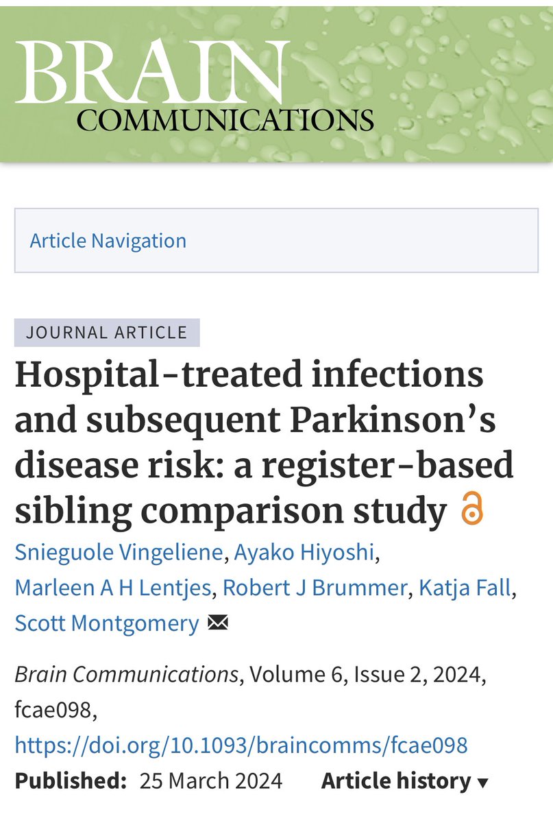 🚨New publication from us on #Parkinsons Our epidemiological study in a 🇸🇪 cohort shows that respiratory - and gastrointestinal infections before the age of 30 years is linked to a higher risk of developing Parkinson’s disease. #ParkinsonsAwarenessMonth academic.oup.com/braincomms/art…