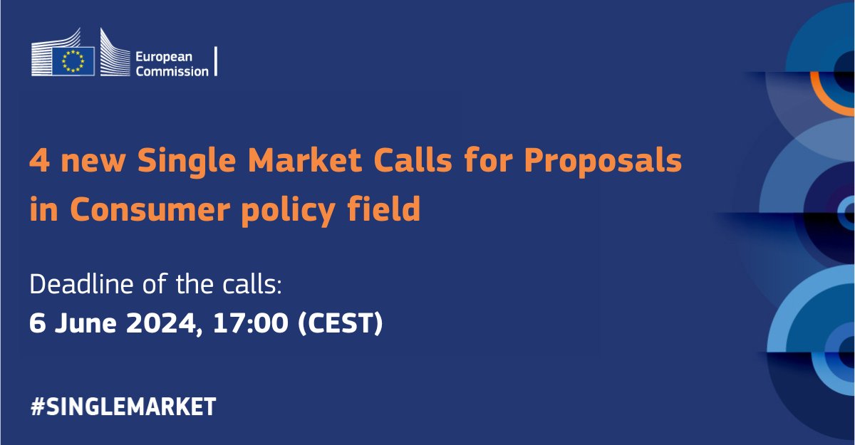 📢 EISMEA fosters #consumerprotection via the #SingleMarket with 4 calls for proposals open to specific categories of beneficiaries

🗓️ Deadline for all calls: 6 June 2024, 17:00 CEST

Find out more 👇
europa.eu/!MBBjyQ