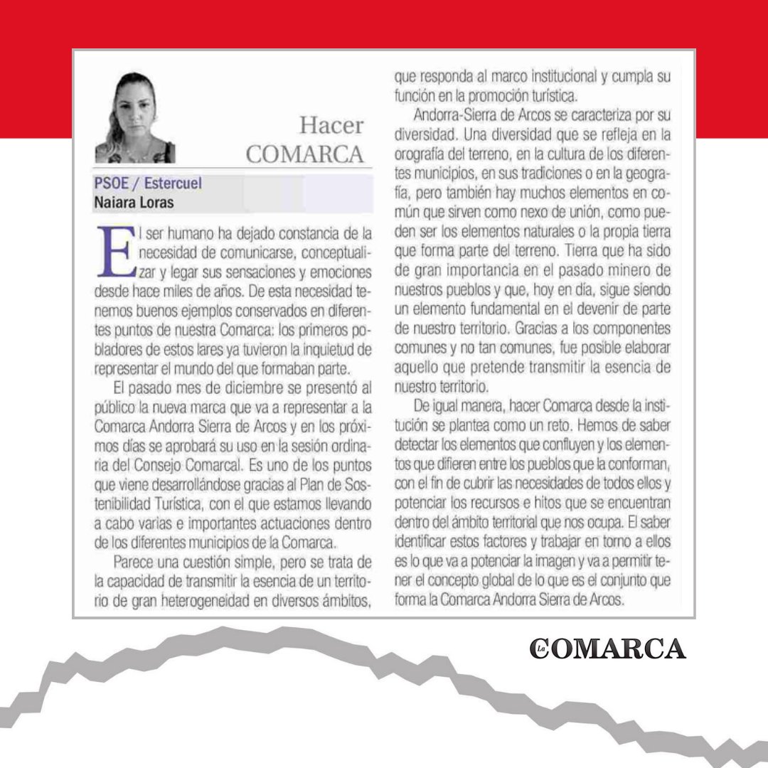 TeruelPSOE's tweet photo. ✒️ Artículo de opinión de Naiara Loras, concejal en #Estercuel y presidenta de la Comarca Andorra Sierra de Arcos en @_lacomarca
"Hemos de saber detectar los elementos que confluyen y los que difieren entre los pueblos que la conforman..." https://t.co/osYakjkFe1