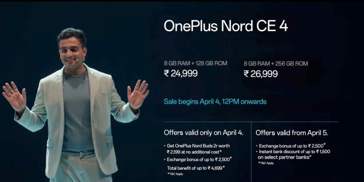 abrepy's tweet photo. #OnePlusNordCE4 launched in India.

Price:
8GB + 128GB - ₹24,999 
8GB + 256GB - ₹26,999

Specs:
- 6.7" FHD+ AMOLED, 120Hz 
- Snapdragon 7 Gen 3 (4nm)
- LPDDR4X, UFS 3.1
- Android 14 Oxygen OS 14
- 50MP (Sony LYT-600) + 8MP(UW) rear 
- 16MP front 
- 5500mAh, 100W Wired Charging https://t.co/KntKRKqHNy
