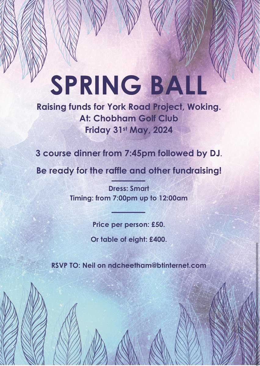 York Road Project (@yorkroadproject) on Twitter photo A lovely gentleman called Neil Cheetham wanted to do something to raise money for our Charity, he has been able to find a venue for a 3 course meal and music <a href="/ChobhamGC/">Chobham Golf Club</a> on the 31st of May 2024. #charityevent #dinner
If interested please contact Neil at ndcheetham@btinternet.com A lovely gentleman called Neil Cheetham wanted to do something to raise money for our Charity, he has been able to find a venue for a 3 course meal and music <a href="/ChobhamGC/">Chobham Golf Club</a> on the 31st of May 2024. #charityevent #dinner
If interested please contact Neil at ndcheetham@btinternet.com