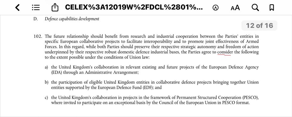 Governments since May have been really keen on EU “PESCO” membership🚨 (the word 'consider' below was removed under May Govt) 2/4