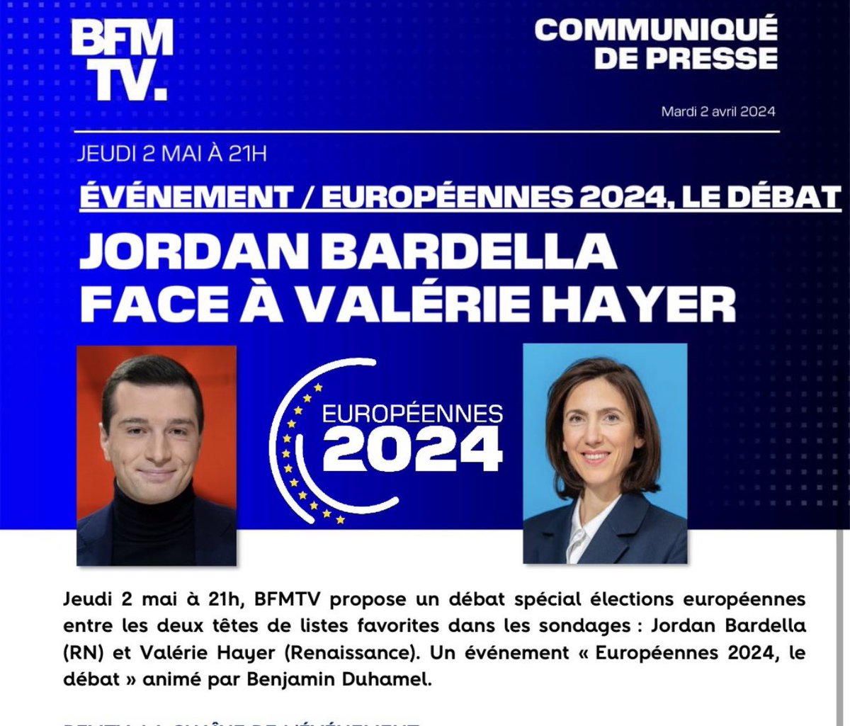 Événement : le 2 mai à 21h, @J_Bardella et @ValerieHayer débattront sur @BFMTV. Les européennes, c’est sur @BFMTV ! 📺🇪🇺🇫🇷
