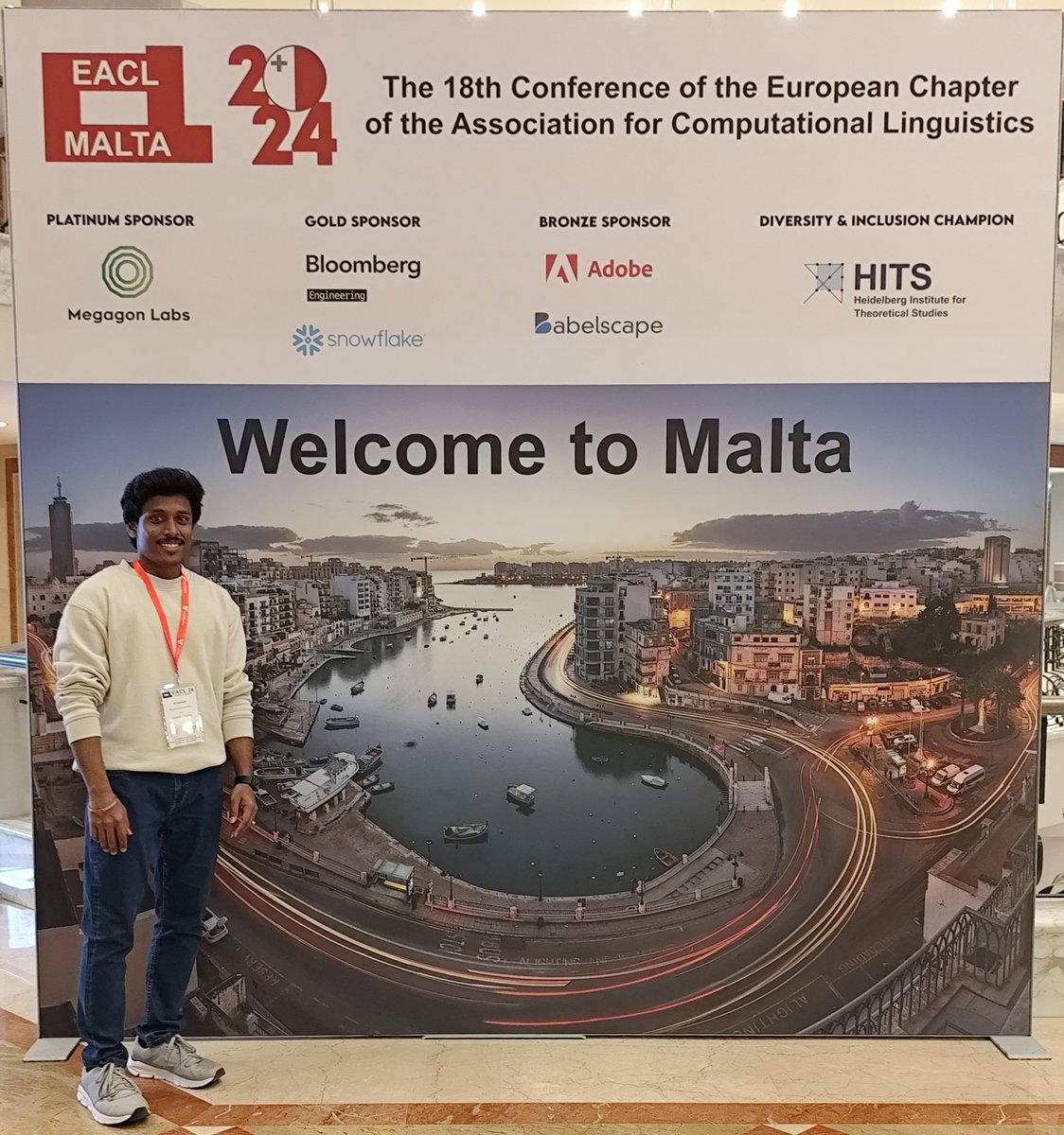 Prasanna Kumar Kumaresan recently attended #EACL2024 in Malta where he was student volunteer for the #LTEDI2024 workshop  He also presented a paper titled "Overview of Third Shared Task on Homophobia and Transphobia Detection in Social Media Comments"
