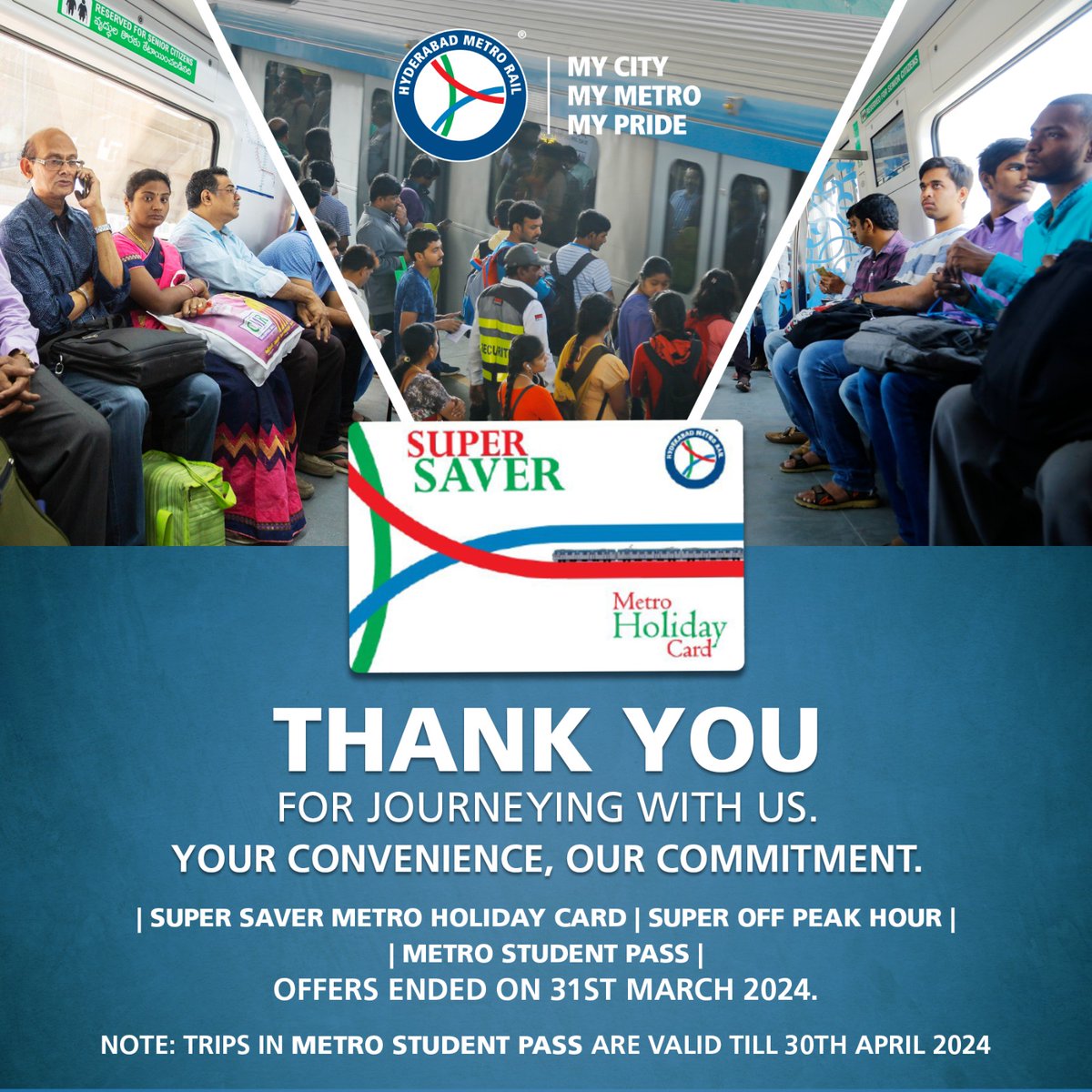 We extend our heartfelt gratitude to you for choosing Hyderabad Metro and utilizing our various metro cards. The Super Saver Holiday Metro Card, the Metro Student Pass, and the Super Offer Peak Hour offers have ended on March 31st, 2024. Thank you for being a part of our journey…