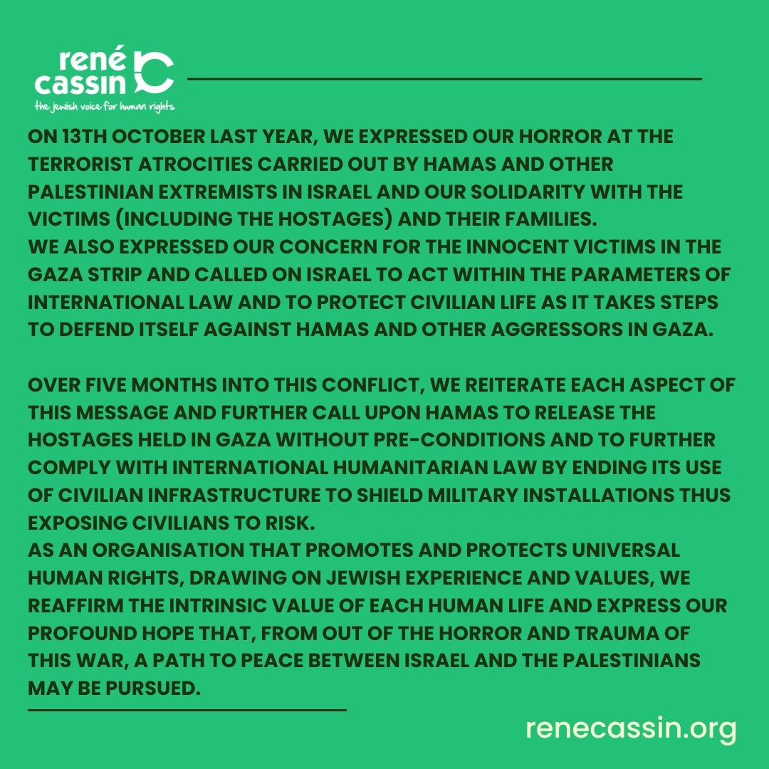 As an organisation that promotes and protects universal #HumanRights, we reaffirm the intrinsic value of each human life and express our profound hope that, from the horror and trauma of this war, a path to peace between Israel and the Palestinians may be pursued.