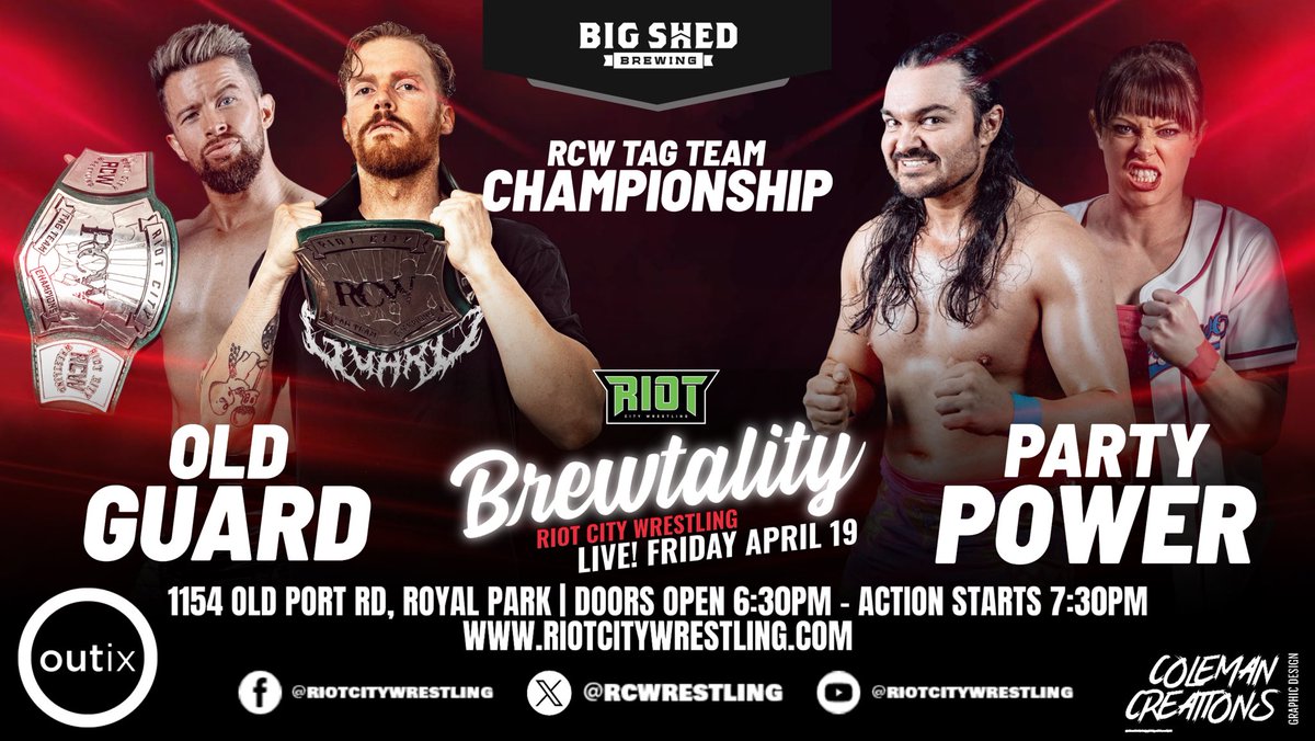 The Old Guard have no choice but to put up the #RCW Tag Team Championship once more against Party Power at #RCWBrewtality LIVE from @bigshedbeer 🍻 🎫 outix.co/tickets/event/… 🗓️ Friday, April 19th ⏰ Doors open 6:30pm | Event starts from 7:30pm 📍 1154 Old Port Rd, Royal Park
