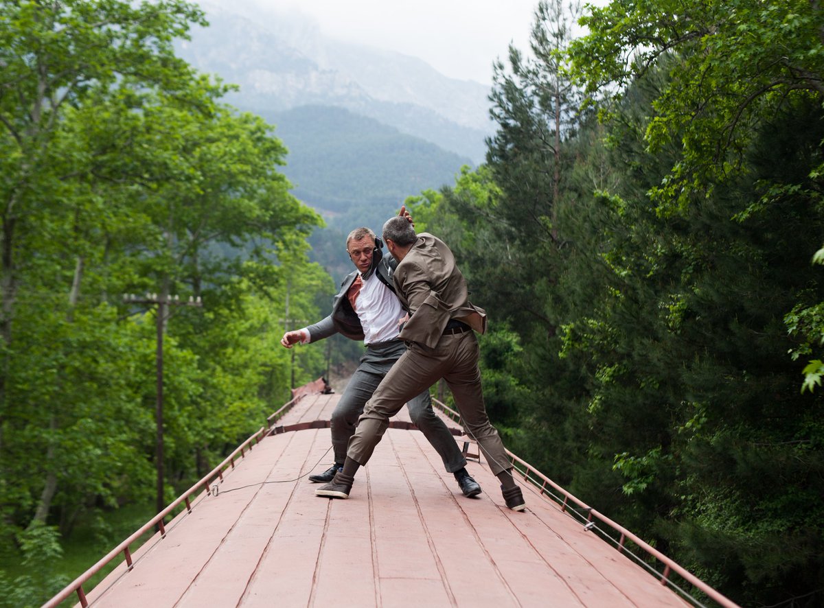 “I think standing on top of a train travelling at 40 miles per hour, fighting with Ola Rapace, going over a 300-foot drop was probably a standout moment for me.” – Daniel Craig Daniel Craig and Ola Rapace shot Bond & Patrice’s train fight scene from SKYFALL today in 2012.