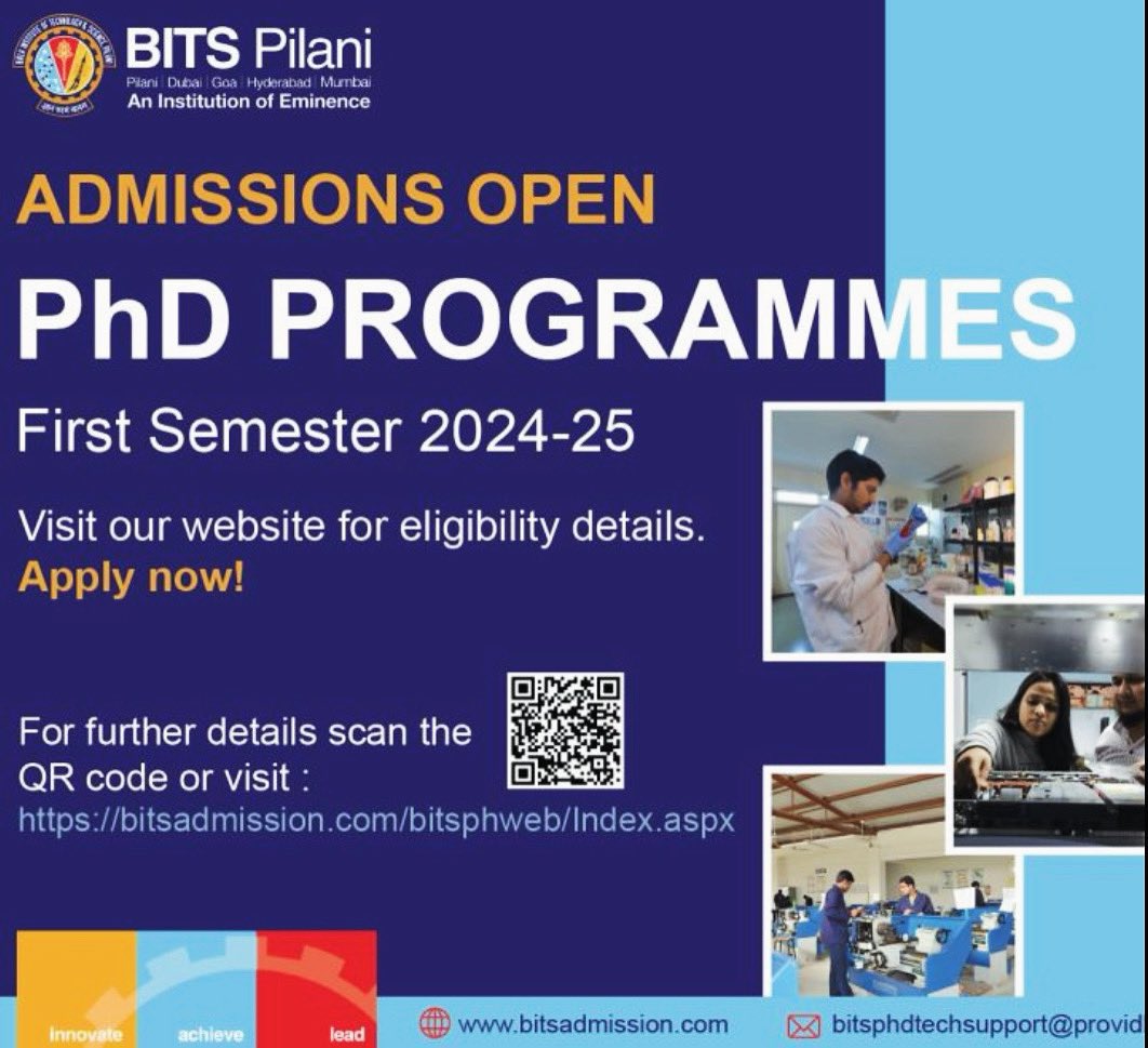 #BITSPilani #phdadmissions At BITS Pilani Ph.D admissions across all disciplines are open for the first semester 2024-25. Your ideal destination for thriving in the best research ecosystem!