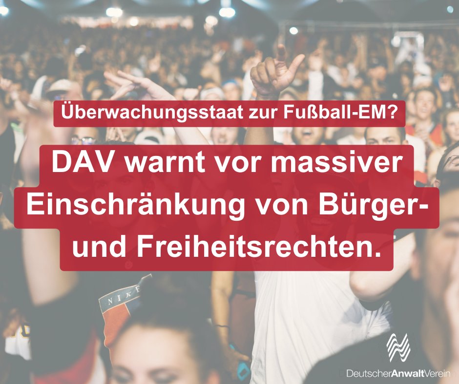 #Vorratsdatenspeicherung, #Staatstrojaner, biometrische #Videoüberwachung – anstatt mit der Angst der Bevölkerung zu spielen, um einschneidende Maßnahmen durchzusetzen, braucht es Augenmaß bei der Balance zwischen Sicherheit und Freiheit. anwaltverein.de/de/newsroom/pm… #FußballEM