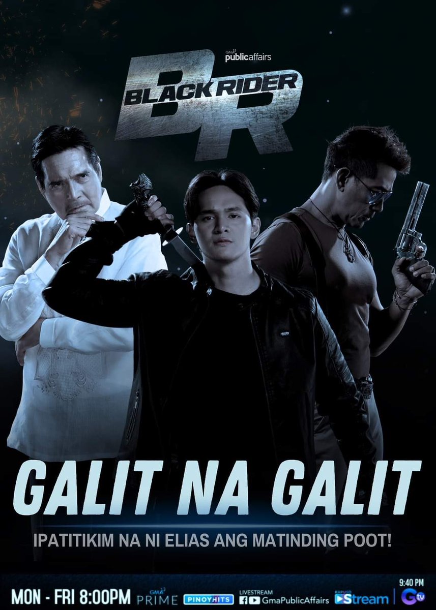 #BlackRider will unleash intense fury!This Tuesday, the action in #BlackGalitNaGalit is unmatched, at 8 PM on GMA Prime and GMA Public Affairs' FB/YT livestream, and at 9:40 PM on GTV. #RuruMadrid