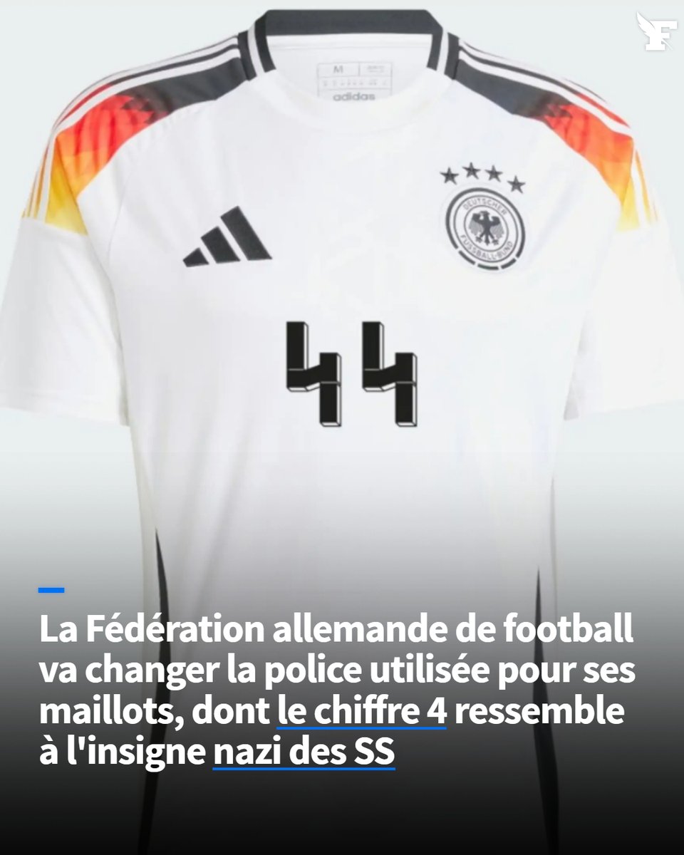 La Fédération allemande a annoncé qu'elle allait changer la police de caractères dont le chiffre 4 ressemble à l'insigne nazi des SS. →lefigaro.fr/sports/footbal…