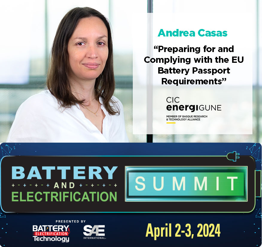 🔋🌿This afternoon, our #sustainability expert, Andrea Casas, will talk at the #Battery & #Electrification Virtual Summit on 'Preparing for and Complying with the EU #BatteryPassport Requirements'. Free registration! sae.org/attend/battery…