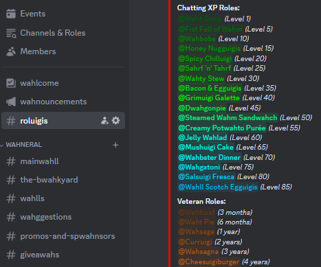 demonrebuilt's tweet photo. Once again the mods have gone out of their way to completely overturn my entire discord server for April Fools, this time with a Waluigi theme. Every role, every channel, countless users, emotes, graphics - it's all Waluigi, and it's all brilliant. https://t.co/tL9t0fFz22