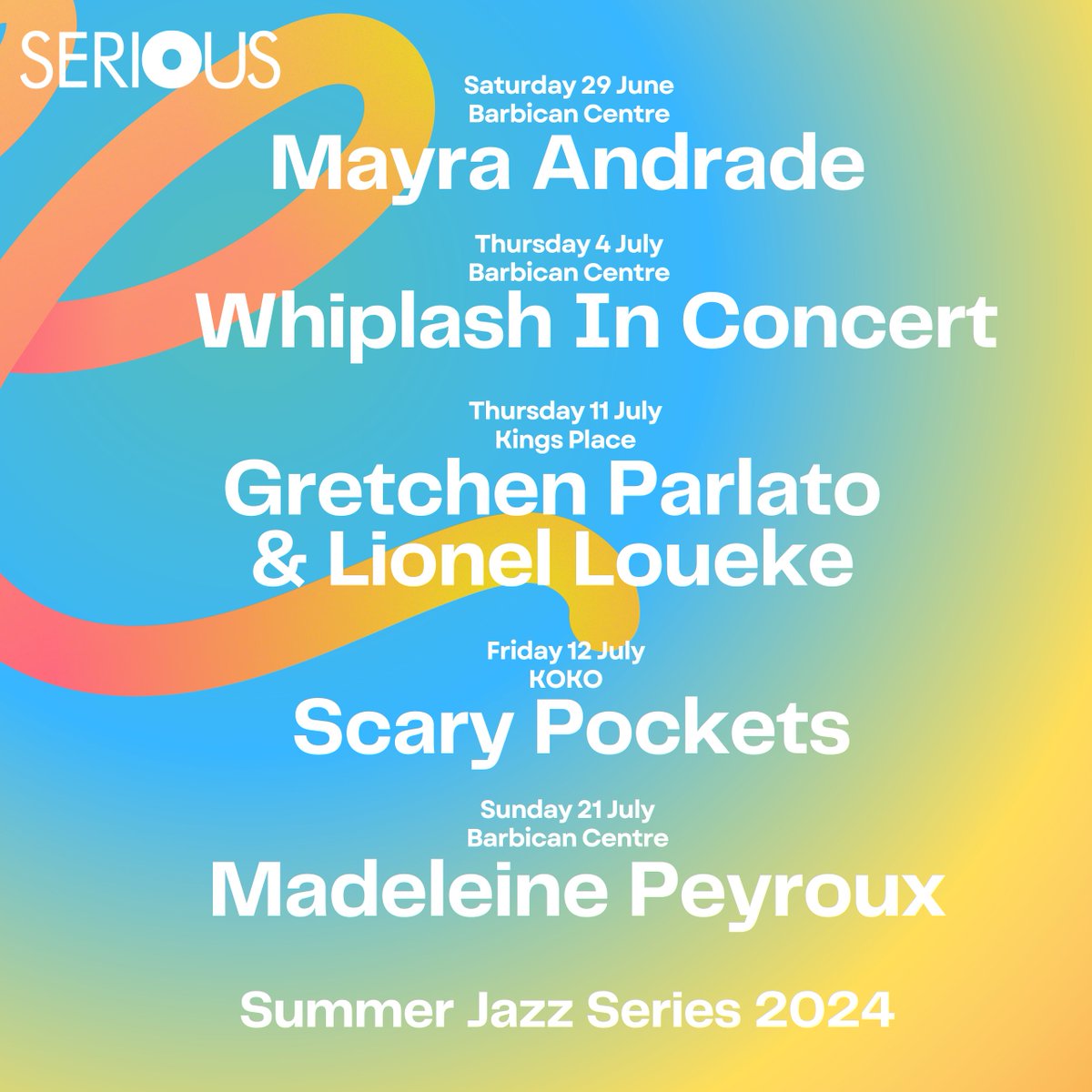This summer, global jazz stars come to London as we takeover the Barbican, KOKO and Kings Place for the Summer Jazz Series🌞 @_MayraAndrade_ Whiplash In Concert @gretchenparlato & @lionelloueke @scarypockets @mpeyrouxmusic ⏰On sale Fri 5 April, 10am serious.org.uk/summerjazzseri…