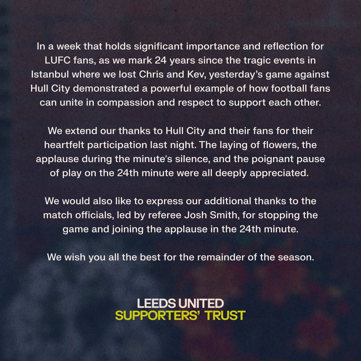 On behalf of #lufc fans: thank you, <a href="/HullCity/">Hull City</a> <a href="/HullCityST/">Hull City Supp Trust🎗</a>.