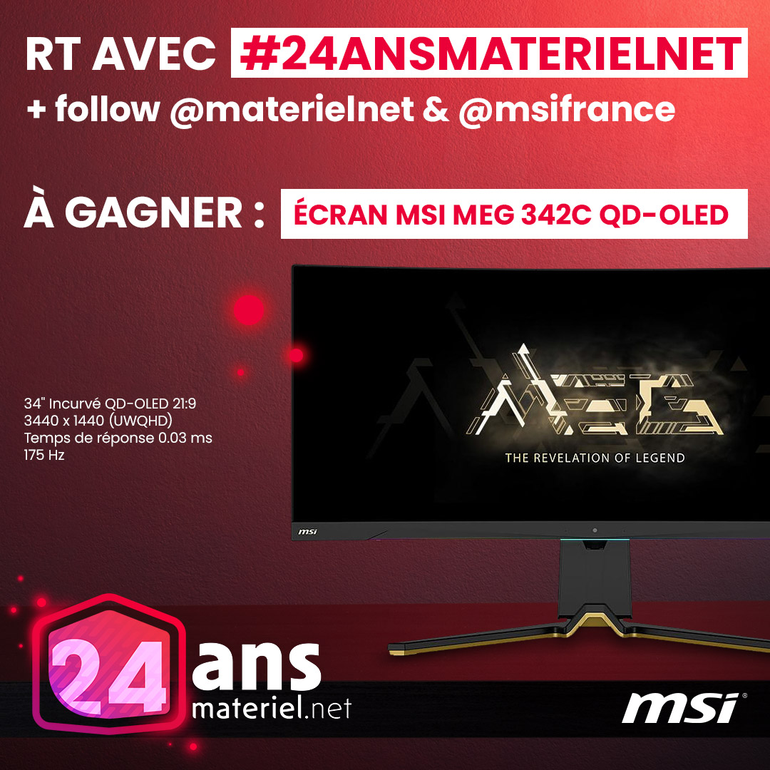 Materiel.net (@materielnet) on Twitter photo 🎁 𝐂𝐎𝐍𝐂𝐎𝐔𝐑𝐒 𝐀𝐍𝐍𝐈𝐕𝐄𝐑𝐒𝐀𝐈𝐑𝐄 🎁
On vous régale avec un écran 34 pouces QD-OLED 🤩
👉 RT avec #24ansMaterielNet + Follow <a href="/materielnet/">Materiel.net</a> & <a href="/msifrance/">MSI France</a> pour tenter de le remporter ! 🔥
💰 Valeur 999€95
🎰 TAS 11/04
📋 matnet.tech/4cBYrSA 🎁 𝐂𝐎𝐍𝐂𝐎𝐔𝐑𝐒 𝐀𝐍𝐍𝐈𝐕𝐄𝐑𝐒𝐀𝐈𝐑𝐄 🎁
On vous régale avec un écran 34 pouces QD-OLED 🤩
👉 RT avec #24ansMaterielNet + Follow <a href="/materielnet/">Materiel.net</a> & <a href="/msifrance/">MSI France</a> pour tenter de le remporter ! 🔥
💰 Valeur 999€95
🎰 TAS 11/04
📋 matnet.tech/4cBYrSA