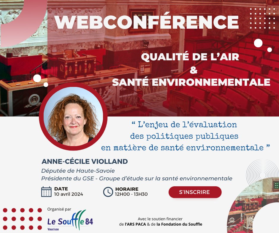 [#QualitéAir #SantéEnvironnementale]

 🔜 Nouvelle webconférence by Le Souffle 84 💚💙

👩‍🦰 avec <a href="/AnneCecileVio/">Anne-Cécile Violland</a>, députée et présidente du Groupe Santé Environnement
🗓️ 10/04, 12h00-13h30
🆓 gratuite, ouverte à tous, interactive
👉 inscription : forms.gle/vkqrZWphmt2vNk…
<a href="/ARSPaca/">ARS Paca</a>