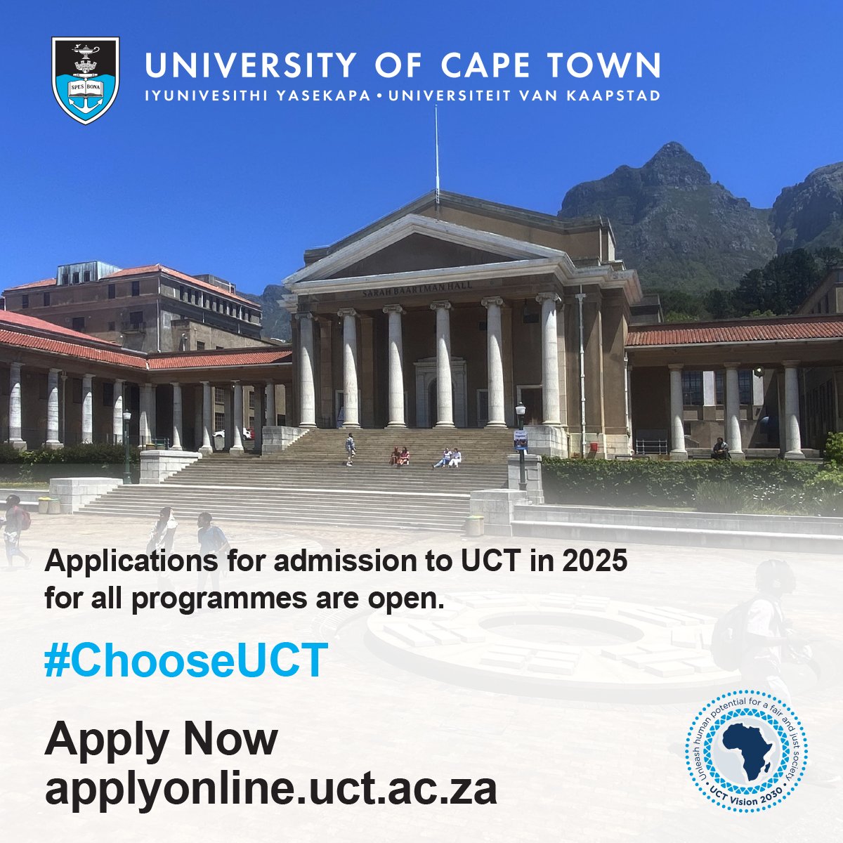 Applications for admission to study at UCT in 2025 are now open! Seize the opportunity to join Africa's leading university. Apply now: applyonline.uct.ac.za. #ChooseUCT