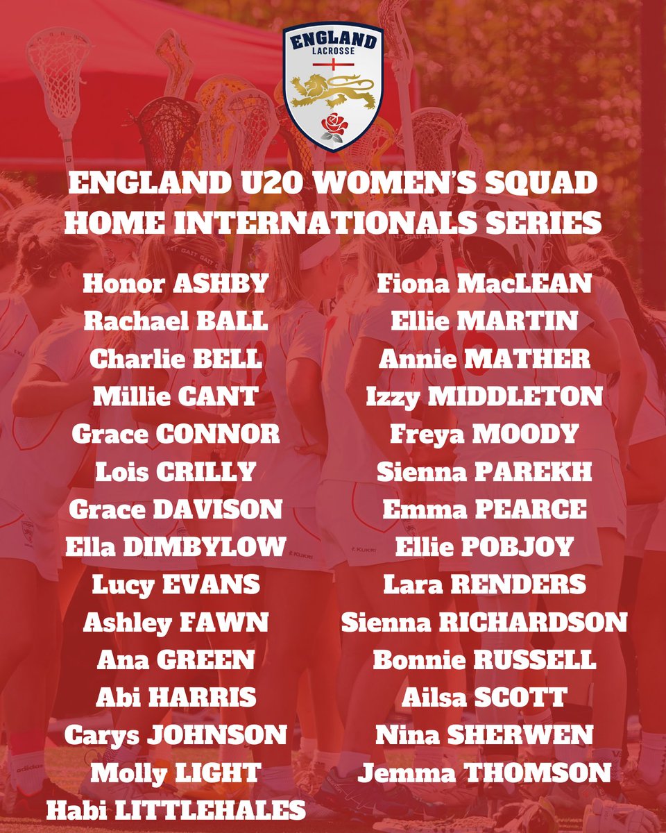 🏴󠁧󠁢󠁥󠁮󠁧󠁿 SQUAD ANNOUNCEMENT 🏴󠁧󠁢󠁥󠁮󠁧󠁿 Here is your England under-20 women's squad ready to compete at the annual Home Internationals Series this weekend! 18 of the 29-strong squad helped England to under-20 European Championship glory last summer 💪 #EnglandLacrosse #Lacrosse #Squad