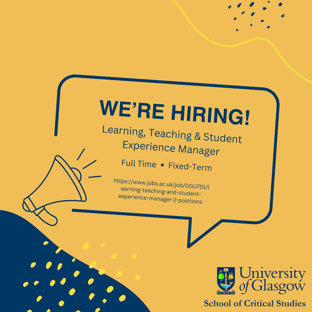 Are you interested in managing educational communities? The Schools of Critical Studies and Culture & Creative Arts are seeking Learning, Teaching & Student Experience Managers to support our thriving environment of students and staff. Apply Now! jobs.ac.uk/job/DGU751/lea…