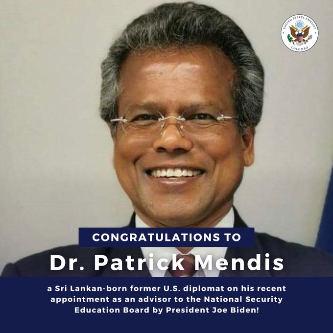 A congratulatory message with a photo of Dr. Patrick Mendis on his recent appointment as an advisor to the National Security Education Board by President Joe Biden.