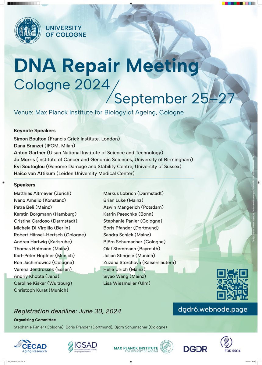 The DGDR is holding its annual DGDR meeting: DNA Repair Meeting 2024 from September 25-27 in Cologne, Germany.

Interested? Register via this link: cms2.vcongress.de/dgdr-2024
Registration deadline: June 30, 2024!

#DNArepair #cologne