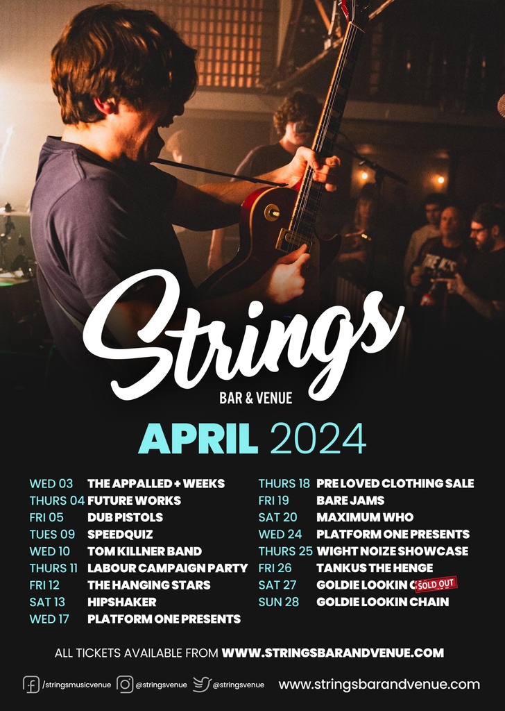 Loads going on at Strings this month...

From local music, to networking events, to Clothing sales, and even Goldie Lookin Chain! Surely there's something on this line up that you fancy?

All infö available at stringsbarandvenue.com

We hope to see you at an event or two!