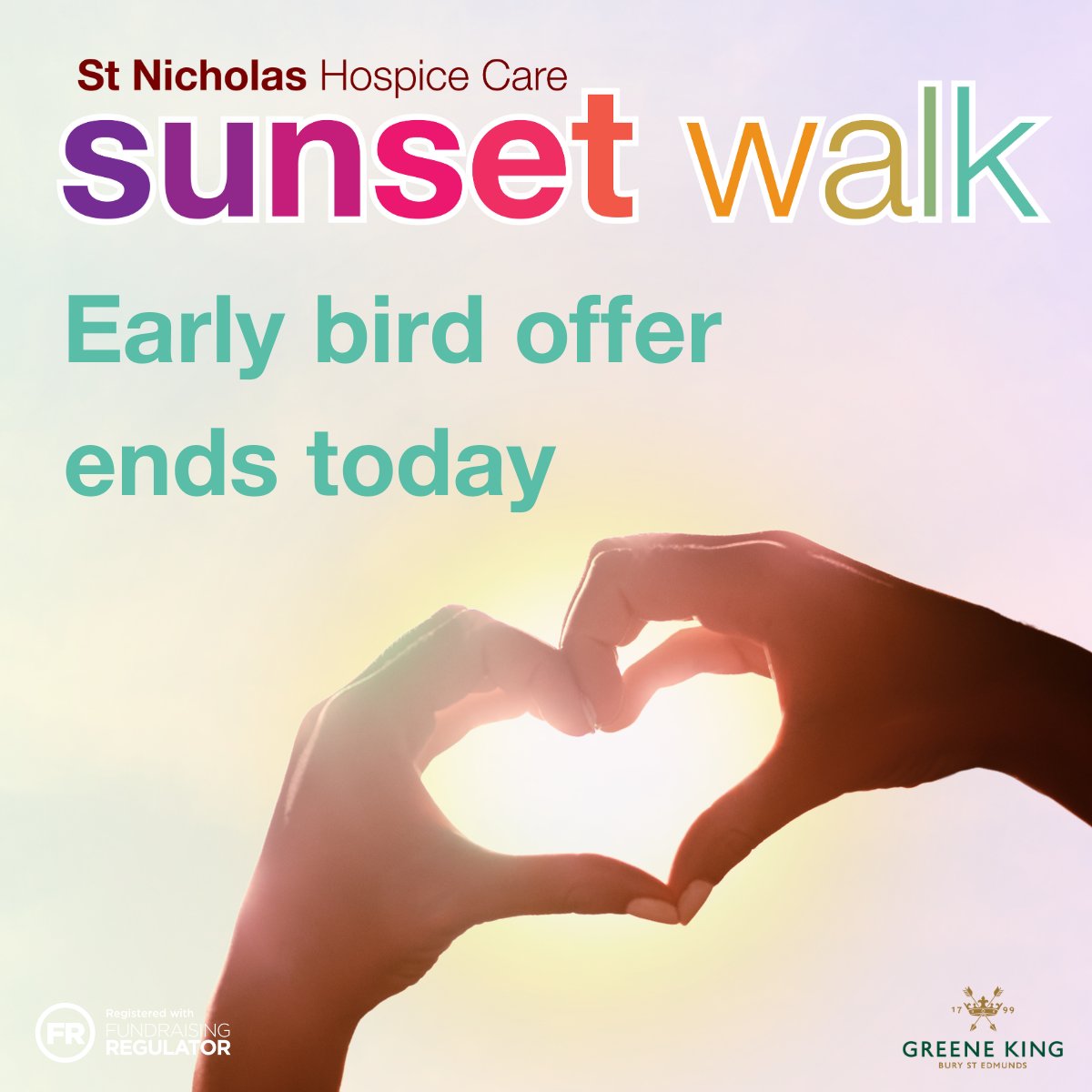 Just a few hours to catch our early bird offer, which ends today! Sign up now and join us to walk a 10 or 15km route around Bury St Edmunds on 22 June at our Sunset Walk – we can't wait to see you there. ow.ly/FEZf50QYNZM #SunsetWalk