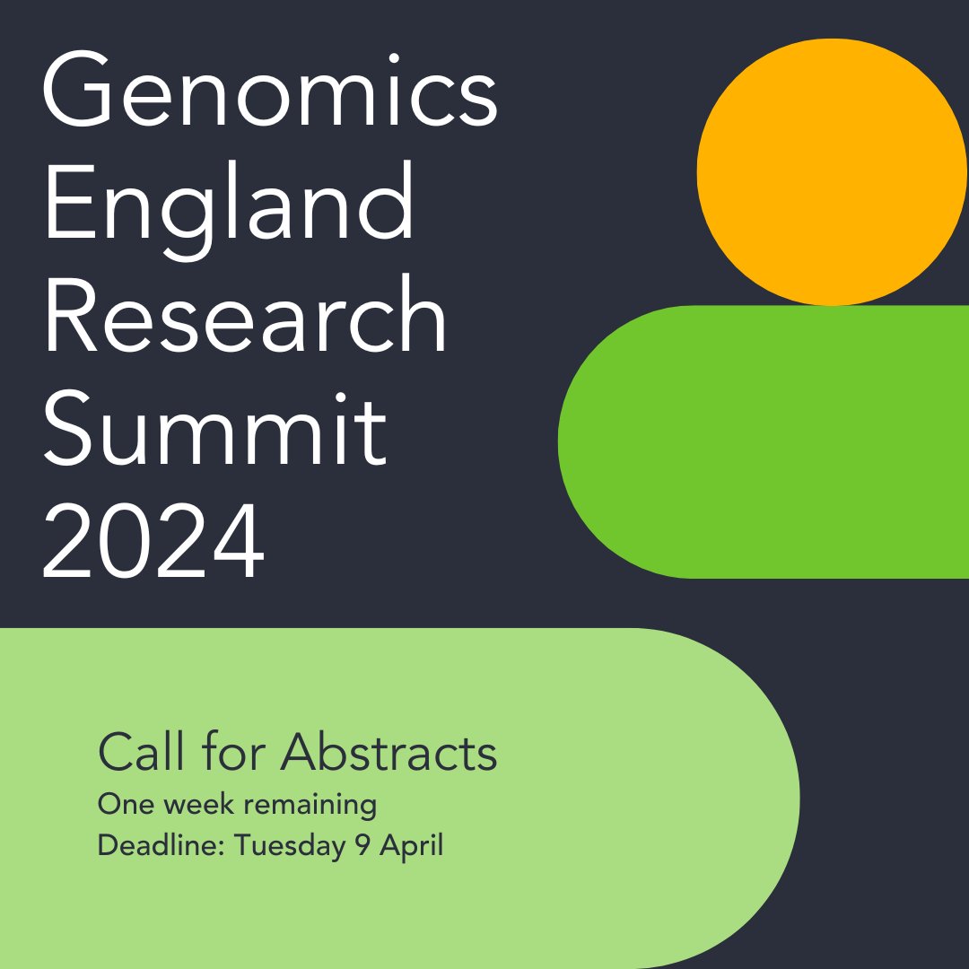 Are you a member of the Genomics England Research Network?🔬 There's just one week left to submit your abstract, to showcase your research at the Genomics England Research Summit 🚀 Submit before the deadline on Tuesday 9 April, via this link: ow.ly/SCO950QXuFG #GERS2024