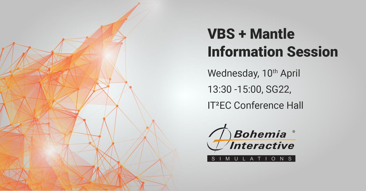 BISimulations's tweet image. Here is your invitation to join #BISim at #IT2EC2024 for the VBS + Mantle User Group session, 10th April, 13:30-15:00 at SG22, in the ITEC Conference Hall. 
Spaces are limited - RSVP here buff.ly/3TuClZr  
#MilitarySimulation #Innovation #Mantle #VBS4 #VBSBuilderEdition