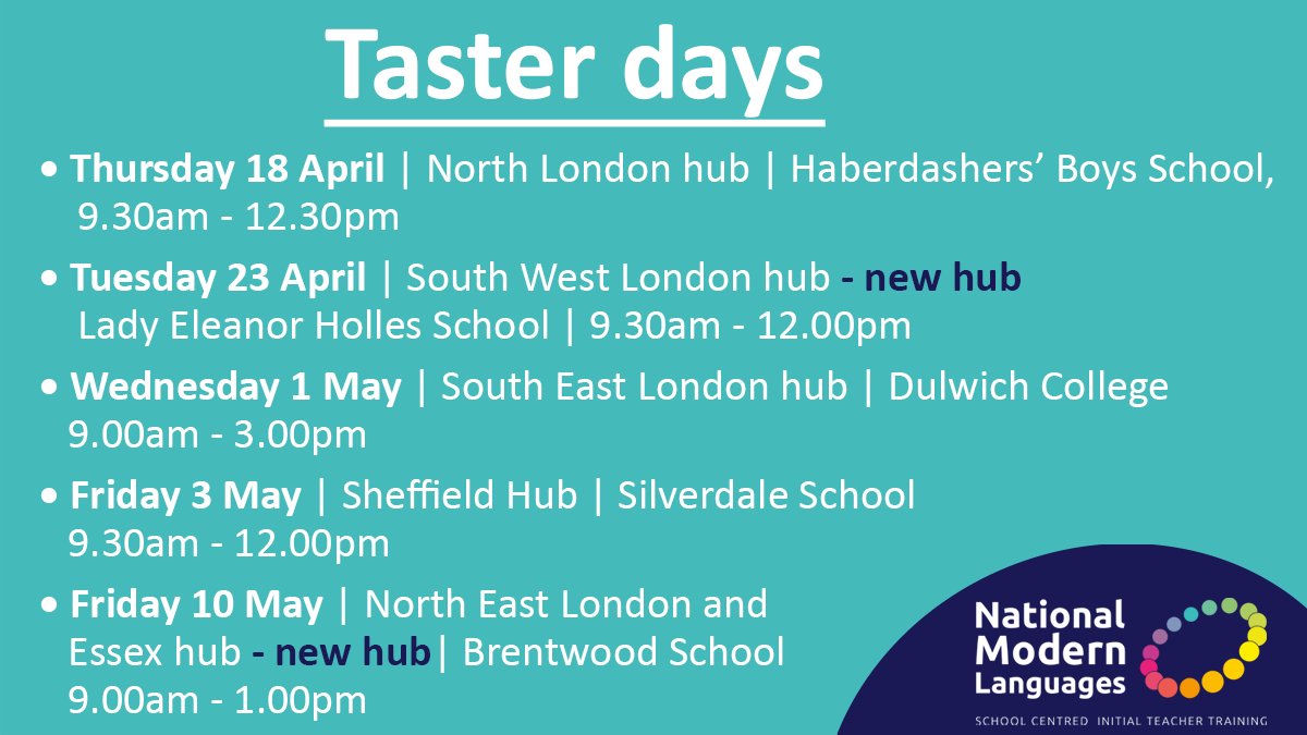 Looking to teach languages? Join our upcoming taster events across England and discover our hubs, meet the team, and explore our teacher training programme: ow.ly/rAbg50Qtvil @DulwichCollege @Brentwood_Sch @LEHSchool @habsboys @SilverdaleSch #teachlanguages