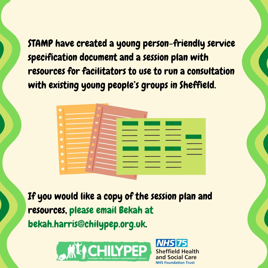 Chilypep's tweet photo. SHSC are setting up a new service to support young people between the ages of 17.5 - 25. STAMP have created a young person-friendly service specification, a session plan for groups to use, and a survey to gather views and opinions. Fill in the survey here: https://t.co/AyA0ZYLWfo https://t.co/M8dEufeVTf