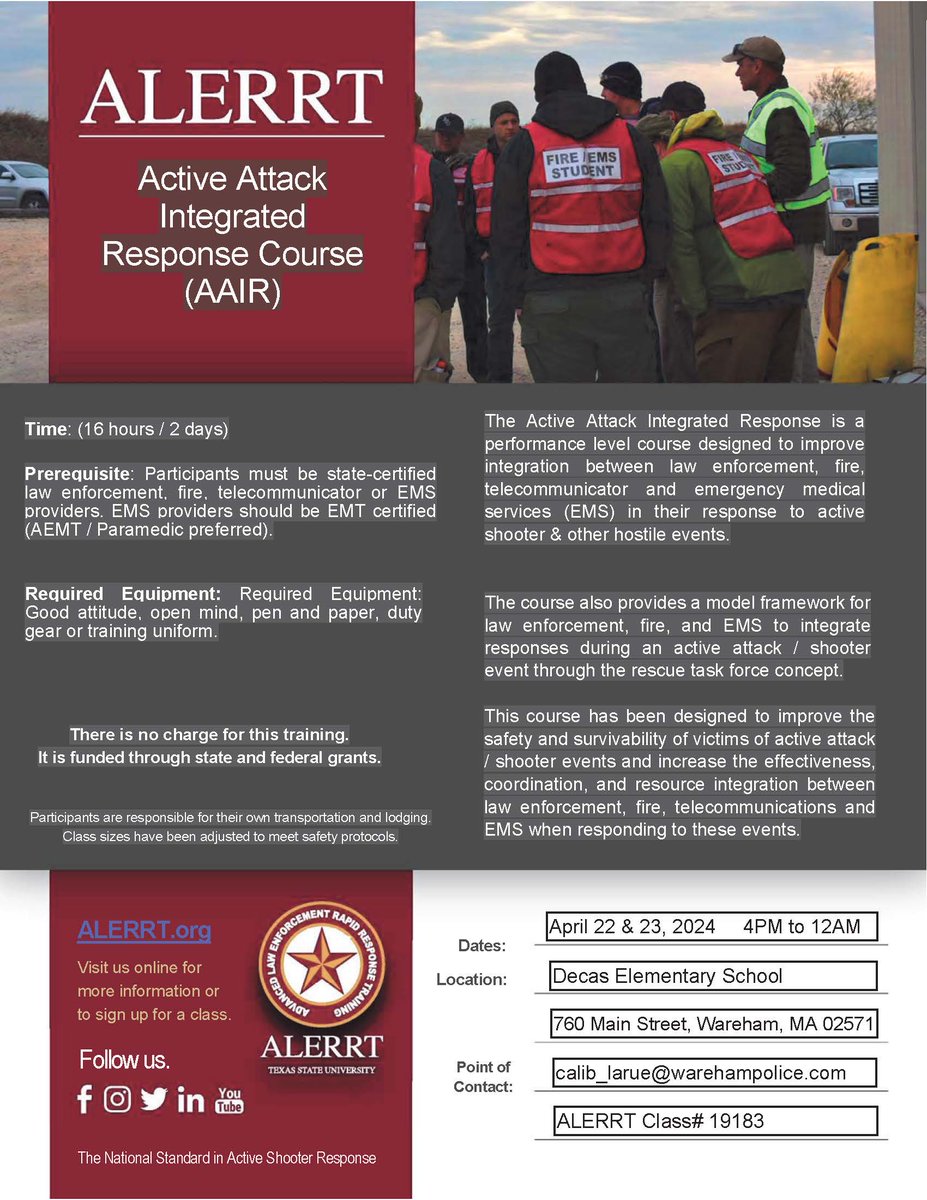 MassDFS's tweet photo. Our friends in #WarehamMA are hosting the @alerrtcenter's two-day Active Attack Integrated Response #ASHER course from 4/22 to 4/23. There are still a few open seats! Area law enforcement, fire/rescue, and EMS personnel are encouraged to register. https://t.co/u99dcdSPkd