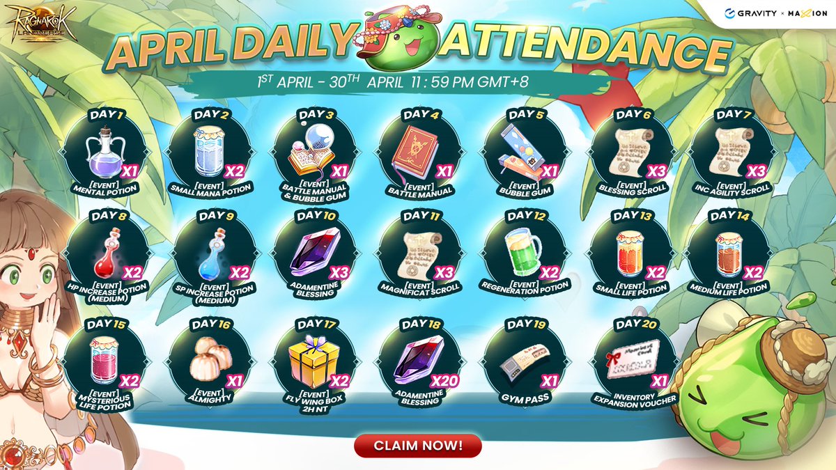 📅New Daily Attendance Rewards have been updated!
.
Log in to Ragnarok Landverse starting today to receive all the items from the April Daily Attendance list.🎁
.
💙at #RagnarokLandverse on PC!
  ☛ landverse.maxion.gg/download2
.
#RagnarokOnline #Web3Gaming #PCMMORPG