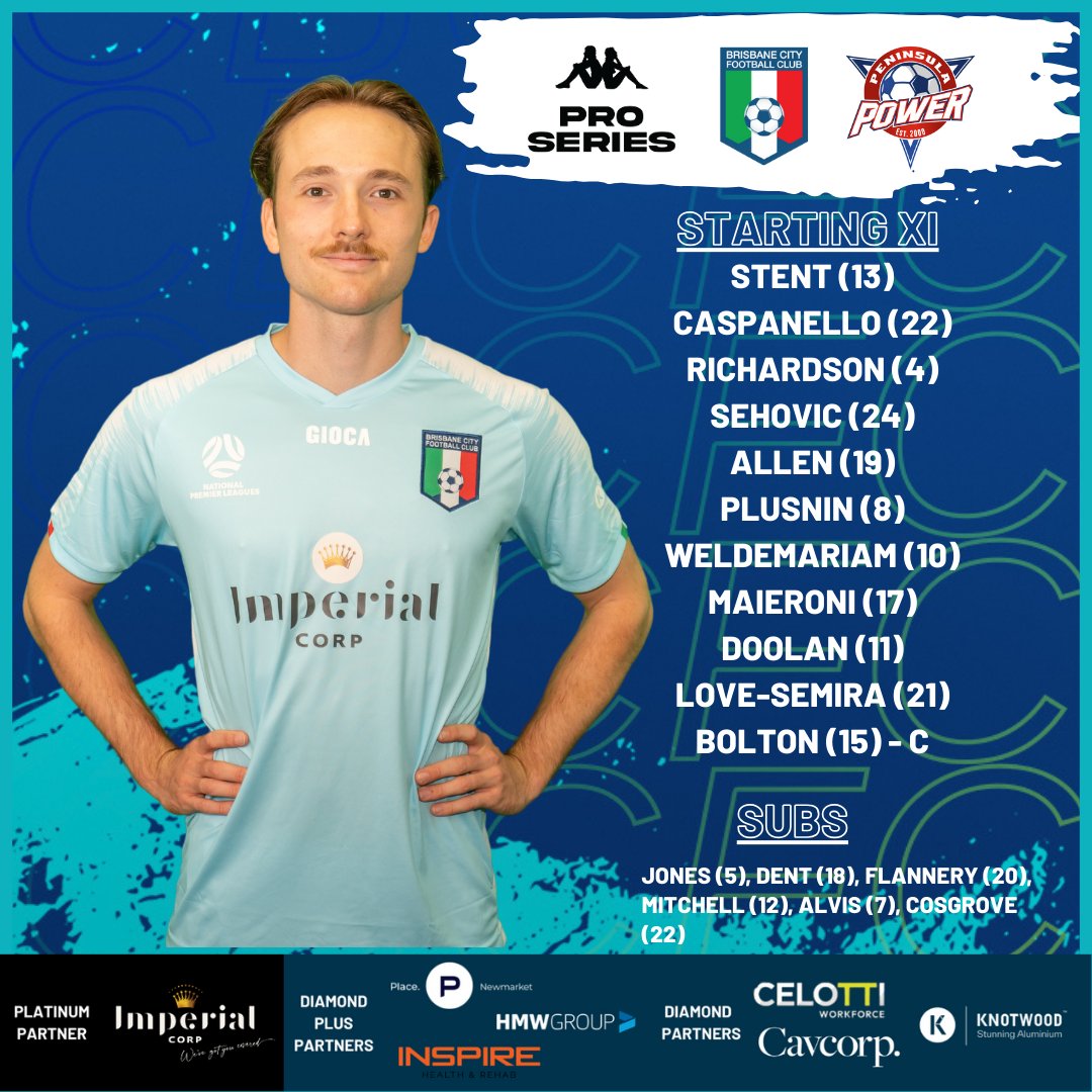 The starting XI for our NPL Men's Kappa Pro Series clash this evening against Peninsula Power FC. 

If you can't make it down to Imperial Corp Stadium this evening, you can stream the game live 👉bit.ly/3Jm4TOn

#forzacity
#bcfc
#npl