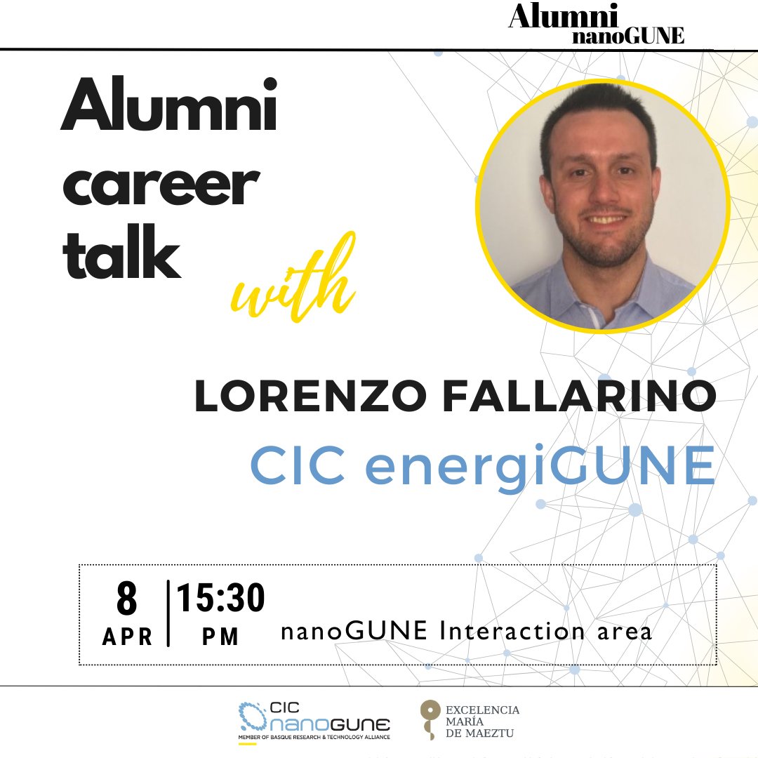 Next week we will have the opportunity to listen to Lorenzo Fallarino in one of our Alumni Career talks. We invite all Alumni members to join the event so you can learn more about life after nanoGUNE! 📍 nanoGUNE Interaction area 📅 April 8 🕞 15:30 pm #nanoGUNEAlumni