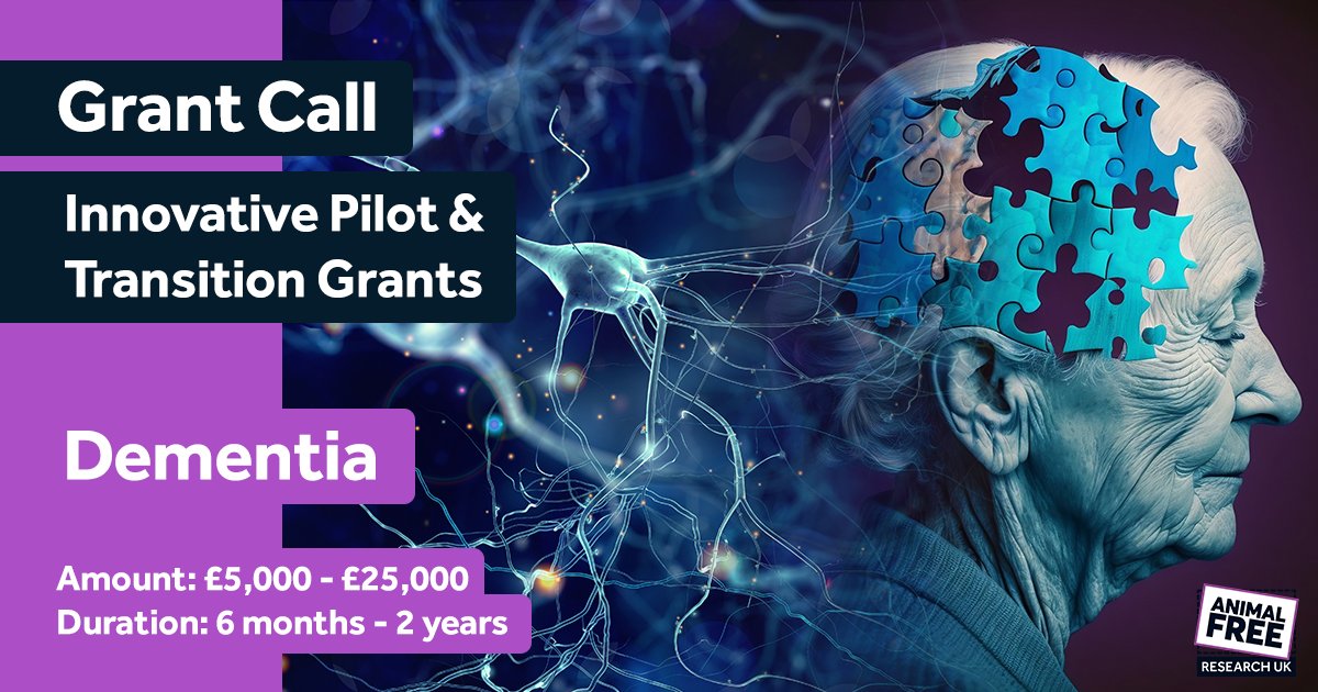 DEMENTIA RESEARCH GRANT CALL: Innovative animal replacement pilot and transition grants in dementia research.

For full details - animalfreeresearchuk.org/grants/pilot-t… 

Deadline for applications is 5 pm on 19th April 2024.

#animalfreeresearch #grants #researchgrants