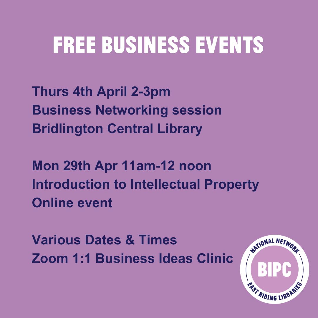 Business support available this month includes - regular networking meeting in Bridlington - intro to IP with our BIPC Humber Partners @LincsInspire orlo.uk/IP_RN2dX? - business ideas clinic with our BIPC Humber Partners @BIPCHull orlo.uk/ideas_Znban