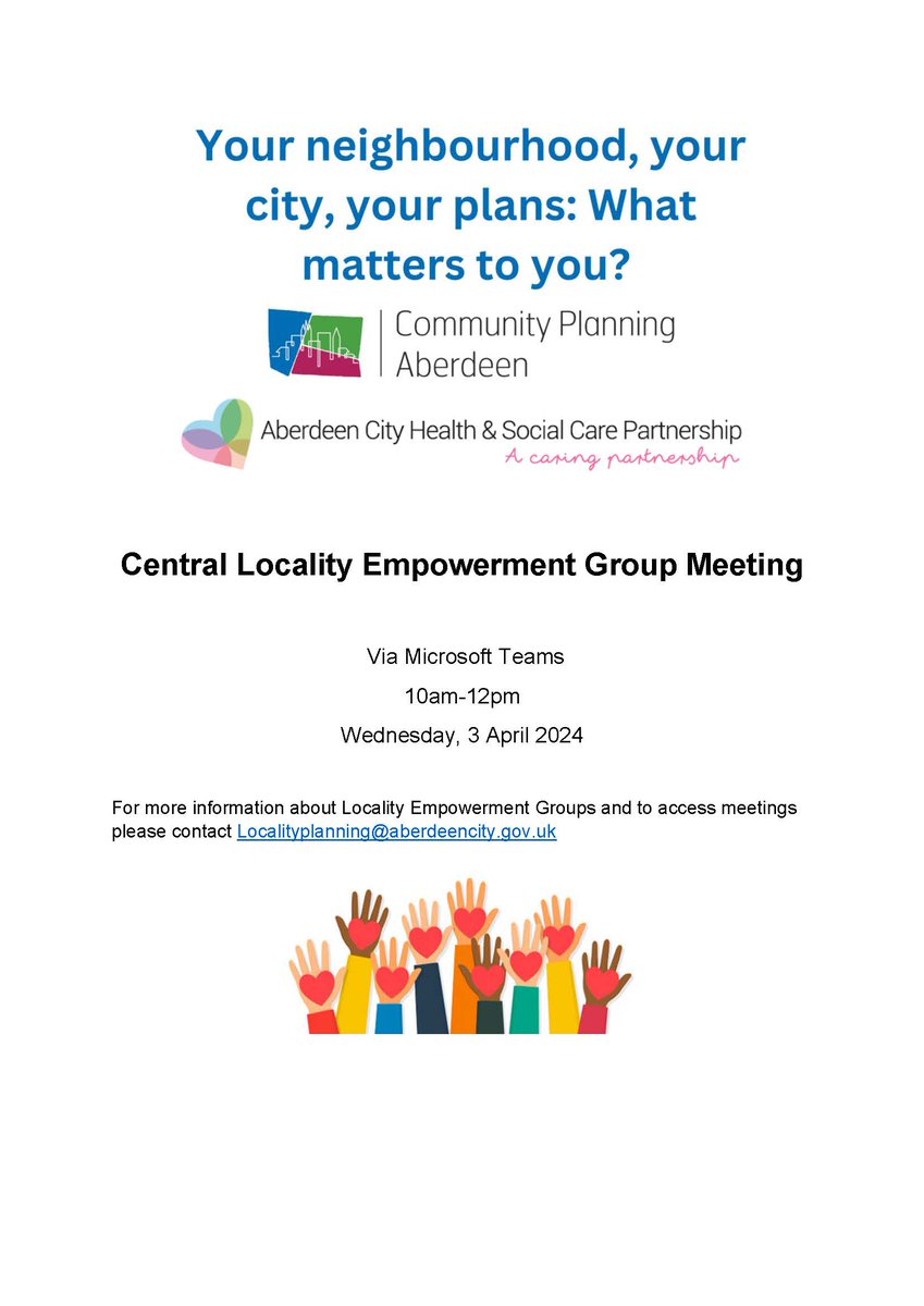 The Central Locality Empowerment Group is looking forward to welcoming members to our next meeting. ✨ You can attend online tomorrow - Wednesday 3rd April, 2024, from 10am -12pm. Please email LocalityPlanning@aberdeencity.gov.uk for access to the meeting link. @CPAberdeen