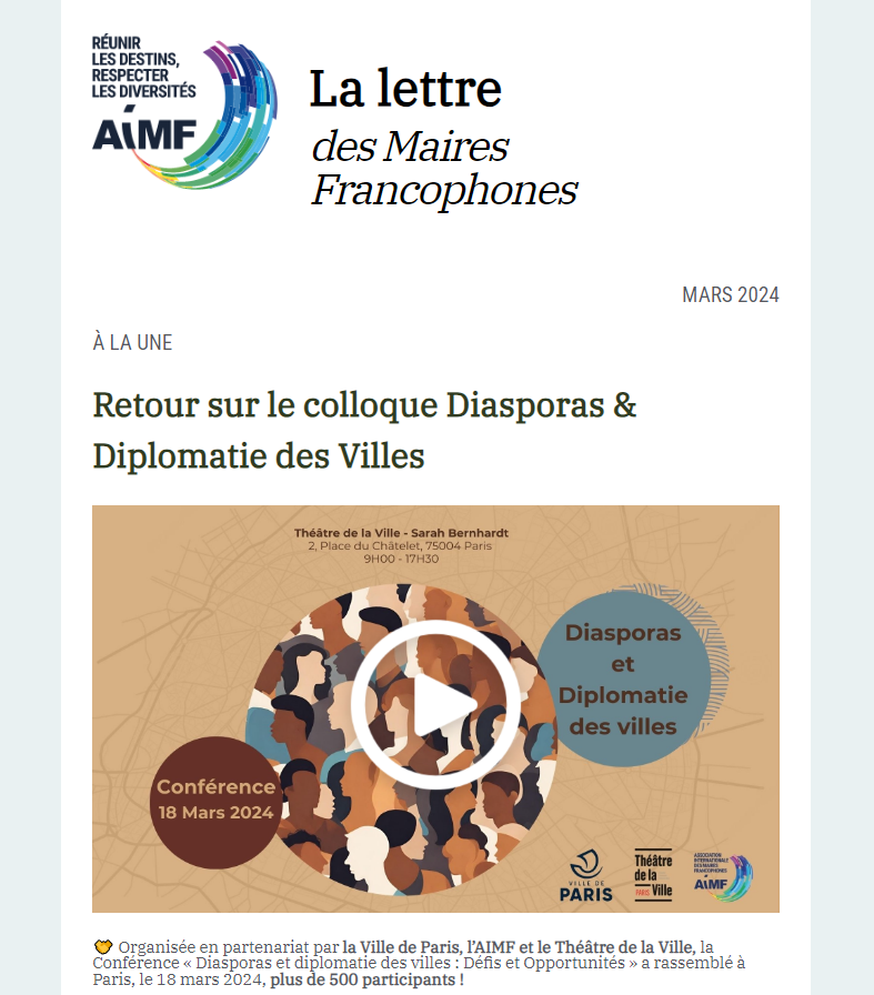 📌Colloque #Diasporas & #DiplomatieDesVilles, 2 nouveaux projets lancés, Journée de la #Francophonie  : les infos à ne pas louper ce mois-ci !
➡️ Retrouvez la dernière lettre d'actualités de l'#AIMF ici : tinyurl.com/mtzxdzut
​📧​ Pour vous abonner : tinyurl.com/mvz3n89h
